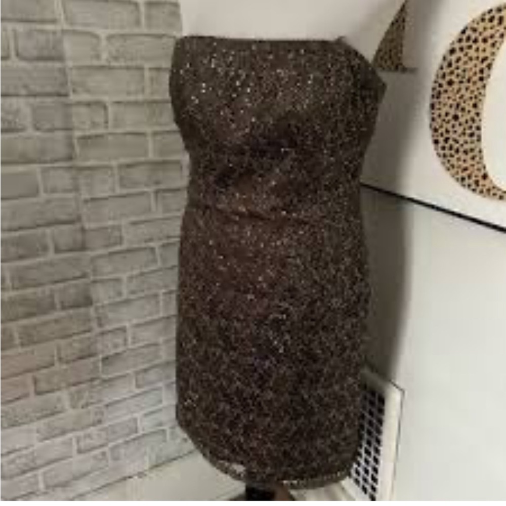 Adrianna Papell - Bronze Lace & Sequin Strapless Sheath Dress‎ Sz 6